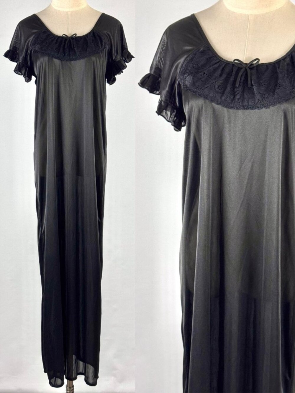 Black Silky Maxi Dress Nightgown Lace Ruffle Sleeves Whimsigoth Witchy Gothic